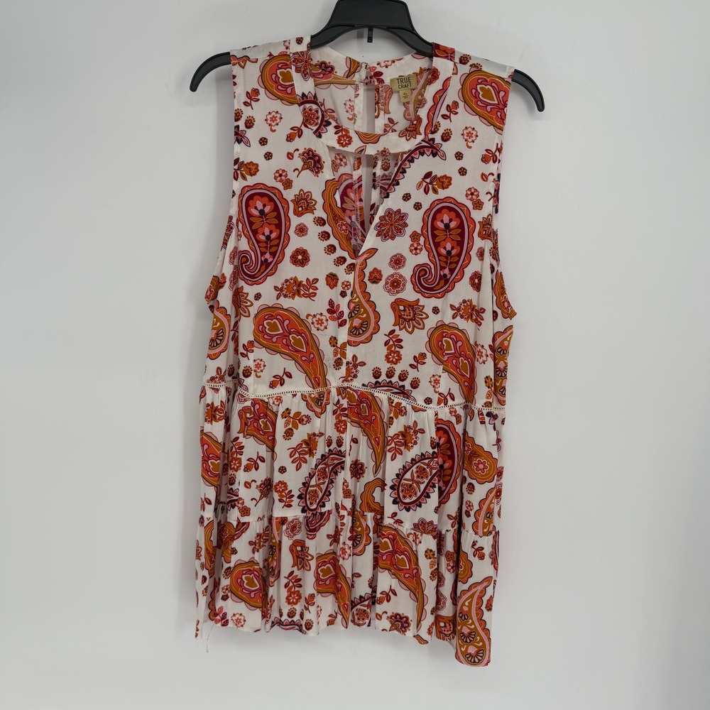 True Craft Womens XL Paisley Sleeveless Tiered Peplum Orange Pink Boho Blouse